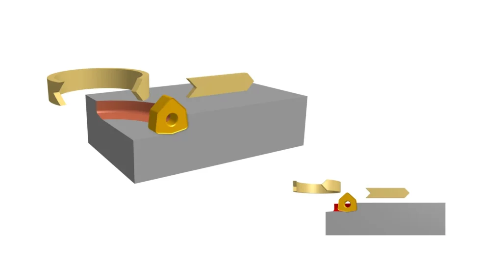 Cutaway view showing peripheral inserts performing bulk removal while the face edge takes a finishing cut.