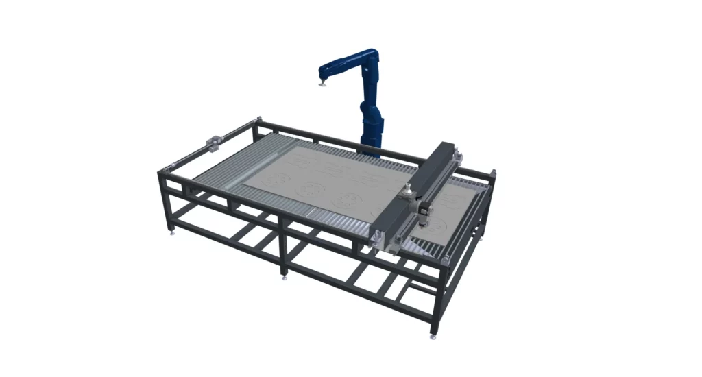 Simplified fiber laser cutting cell with X-Y CNC traverse head and robotic part handling system.