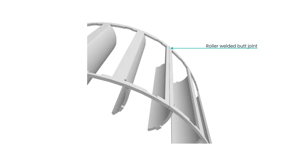 Rolled centrifugal fan blade with resistive arc butt weld joint on a standard roller welding setup.