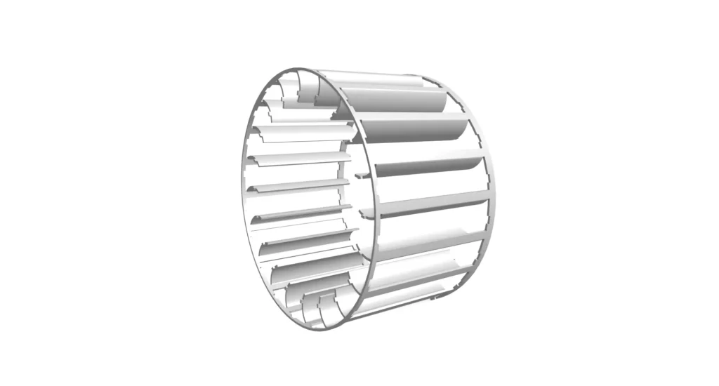 Completed centrifugal fan blade prototype in galvanized mild steel, produced as a cost-down redesign exercise.
