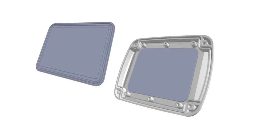Diagram of a product front case with an overmolded window, where a pre-molded window is bonded into the case during the molding process.