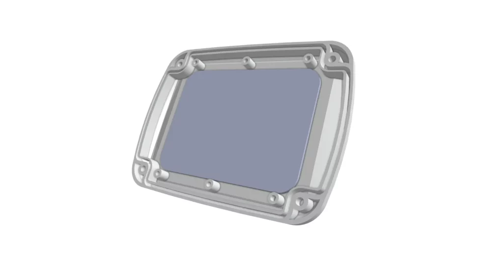 Diagram of a waterproof electronic enclosure front case with a laser-cut 2mm acrylic window hand-mounted using an adhesive gasket.