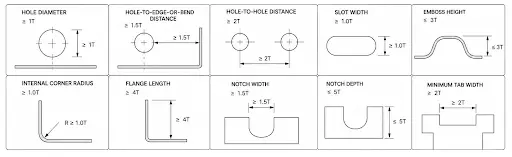 Reference chart of minimum feature sizes and placement rules for sheet metal prototype design.