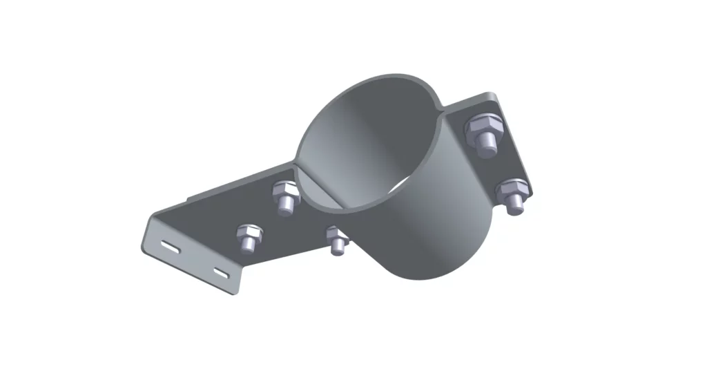 Exploded view of a simple pipe support clip bracket assembly requiring five separate nut, bolt, and washer fastener sets.