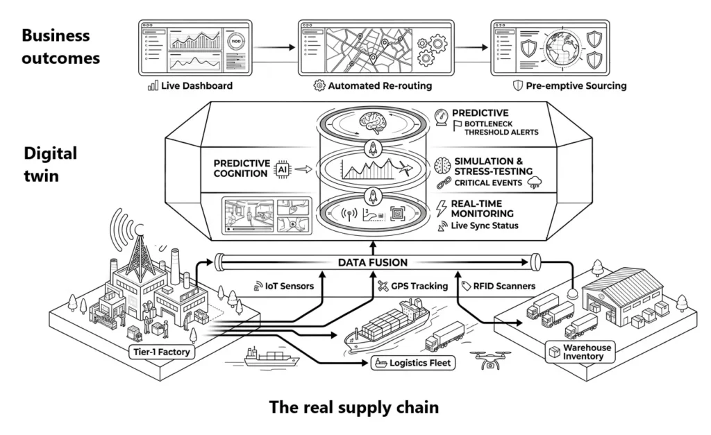 Digital twin of a real supply chain showing integrated supplier data and operational connections for supplier intelligence and procurement planning.