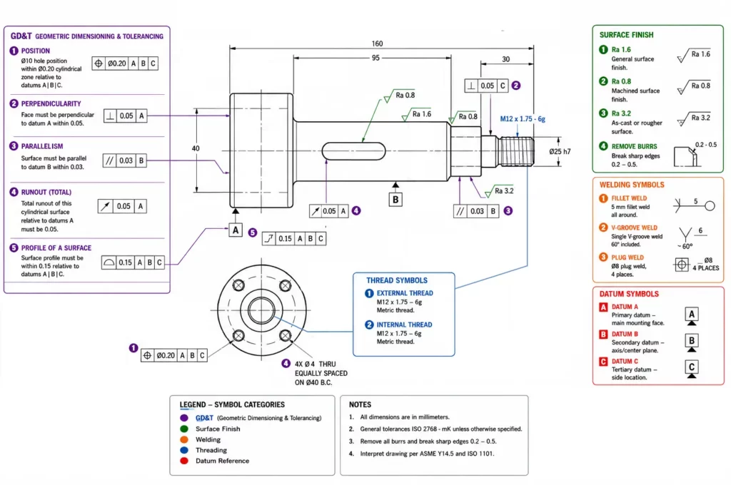 CAD close-up of a Morse-taper shoulder bolt highlighting layered GD&T annotation challenges.