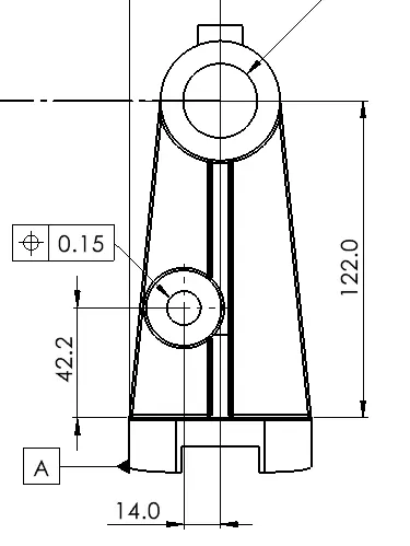 Drawing detail using true position to set a round tolerance zone around a bore center on a part.