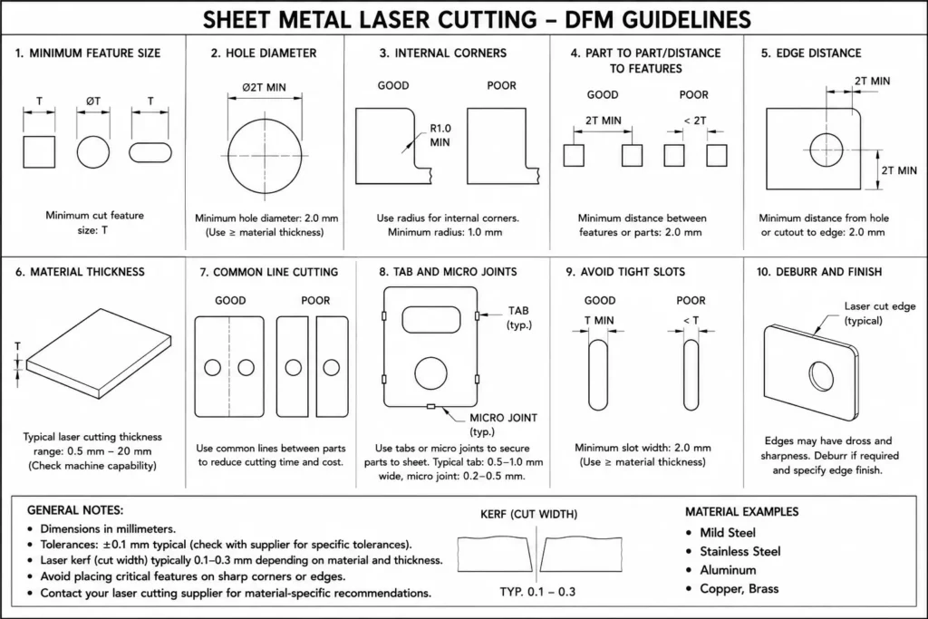 General DFM recommendation chart for evaluating sheet metal laser cut part designs.