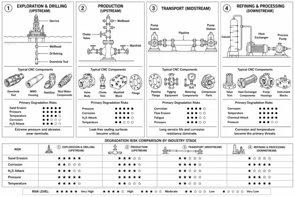 Oilfield CNC component summary across four industry stages, with typical parts, degradation risks, and risk level comparison chart.