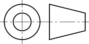 Symbol denoting First Angle Projection, summarized as the "looking through" viewing method.