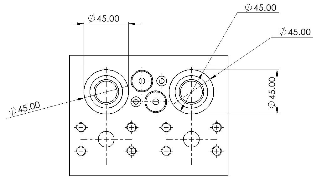 Five accepted ways to call out a 45mm bore using the diameter symbol to prevent radius confusion.