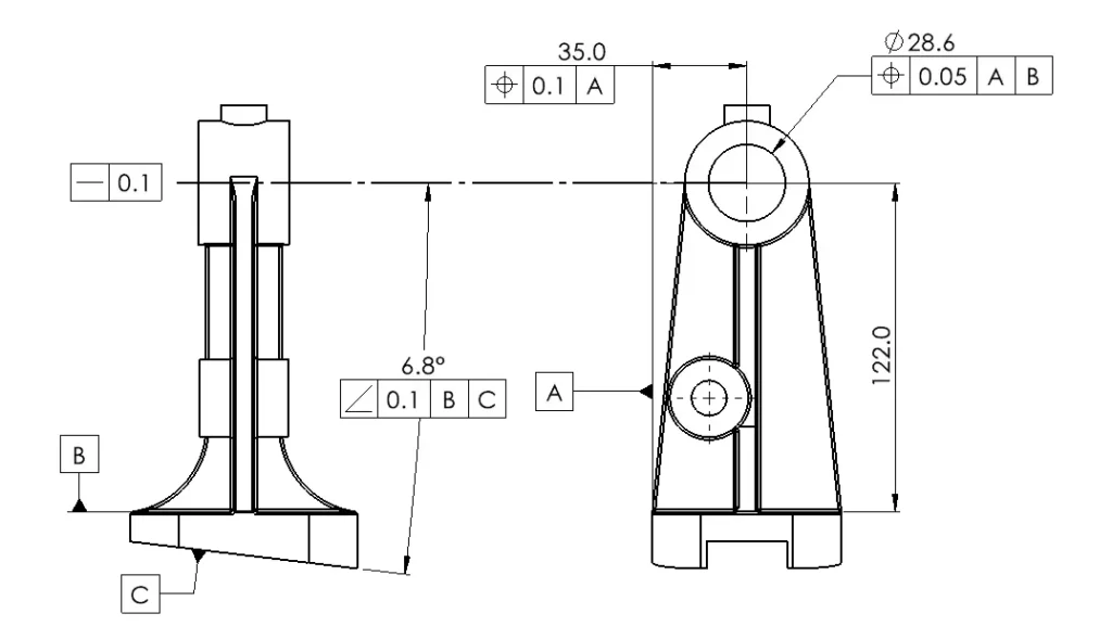 Bore annotated with a full three-datum reference frame defining position under GD&T rules.