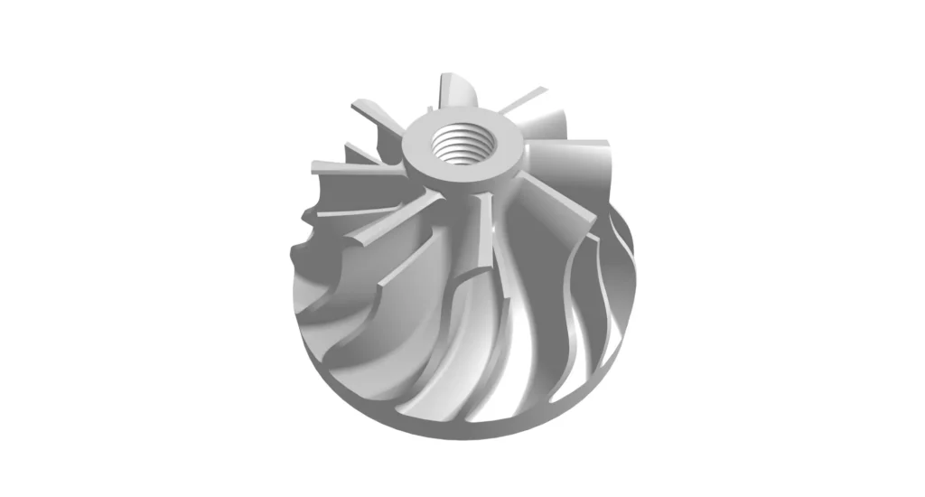 Multi-blade titanium impeller requiring intricate 5-axis tool paths and fine-diameter cutters for each passage.