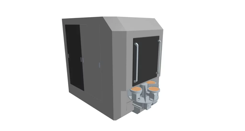 Semiconductor photolithography stepper machine with loaded wafer cassettes for patterning silicon wafers.