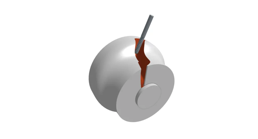 Partially completed impeller with blade pockets being extracted by a ball-nose finishing tool on a 5-axis setup.