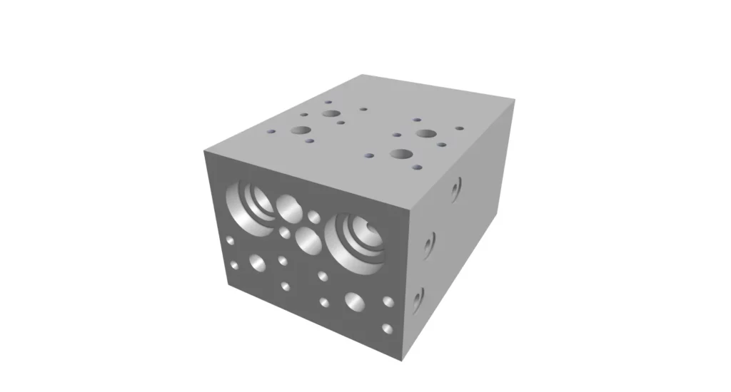 Hydraulic control manifold CNC-machined from tough alloy for decades of maintenance-free oilfield operation.