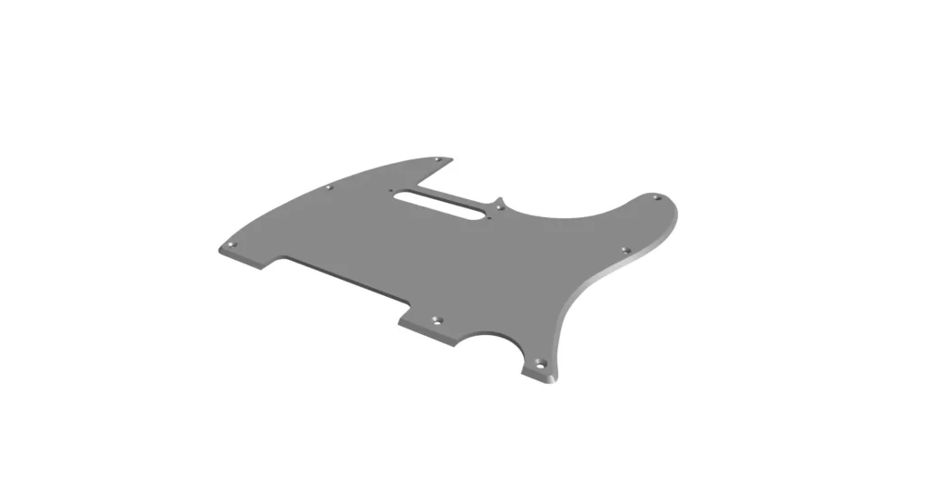 Stainless steel guitar pick guard laser cut with beveled edges, requiring electropolish for cosmetic finish.