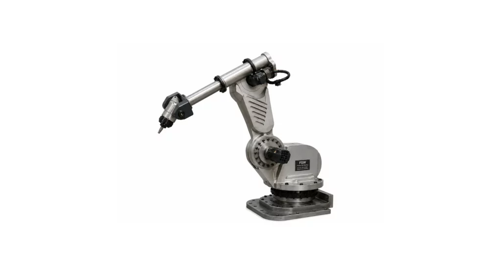 A silver industrial robotic arm designed for robotic welding, with multiple joints, is mounted on a square metal base, set against a plain white background.