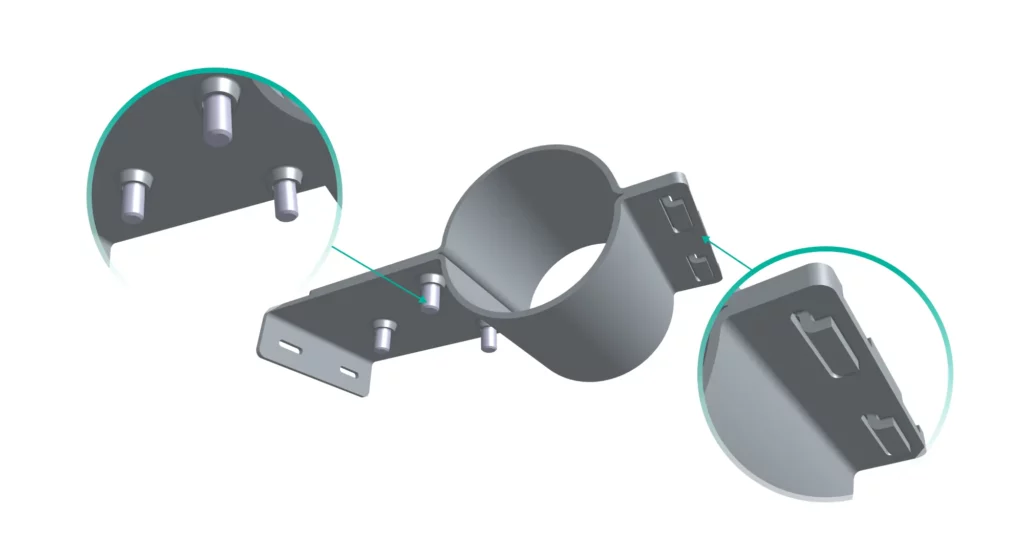 CAD render of a simplified two-part clip assembly where the upper clip hooks into the lower part and is held by thread-forming screws, with no nuts or washers.
