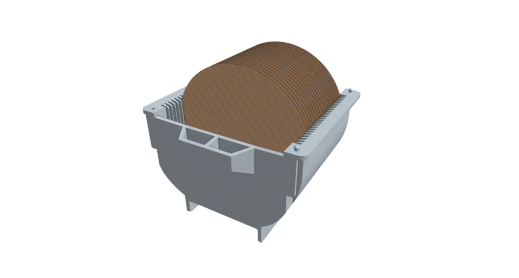 Precision wafer cassette holding multiple silicon wafers for safe handling and storage in semiconductor fabrication.