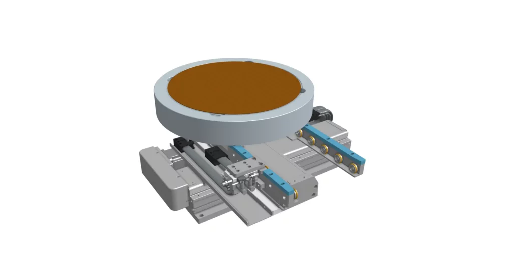 Precision CNC machined XY motion stage positioning a silicon wafer for semiconductor inspection and processing.