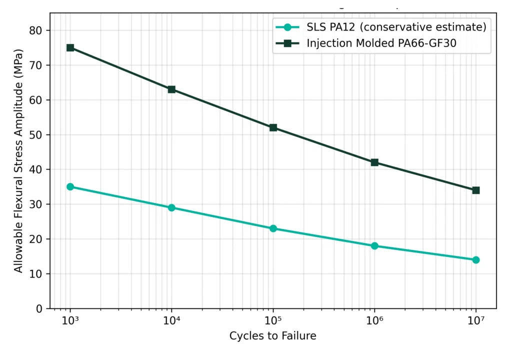 S-N fatigue curves comparing SLS PA12 with injection molded PA66-GF30, plotting allowable flexural stress amplitude against cycles to failure
