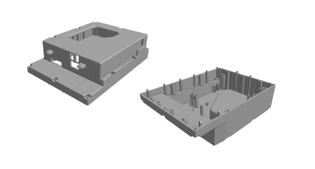 Electronics enclosure design with a single large side action, shown as a strong soft tooling candidate.