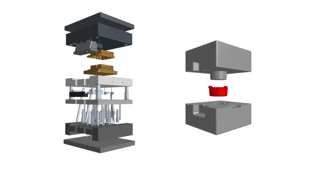 Exploded views of a full injection mold and a minimal two-part bottle cap cavity, showing tooling range.