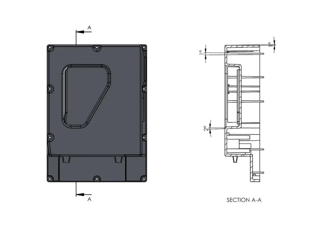 Section A-A drawing of an ABS enclosure showing 1-degree wall draft and 2-degree recess draft for injection molding.