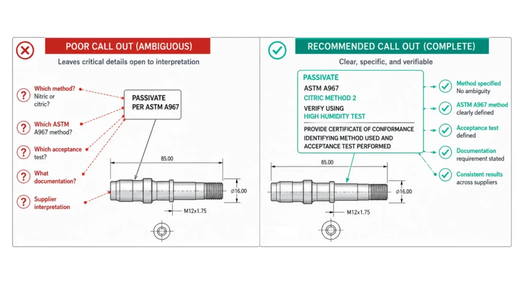 Incomplete versus complete passivation call-out on a stainless steel shaft drawing, the recommended note specifying ASTM A967 citric method 2, a high humidity acceptance test and a certificate of conformance