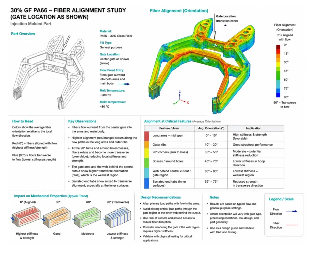 Fiber alignment study of a center-gated 30% glass filled PA66 gripper, color mapped from 0 to 90 degrees with orientation values by feature