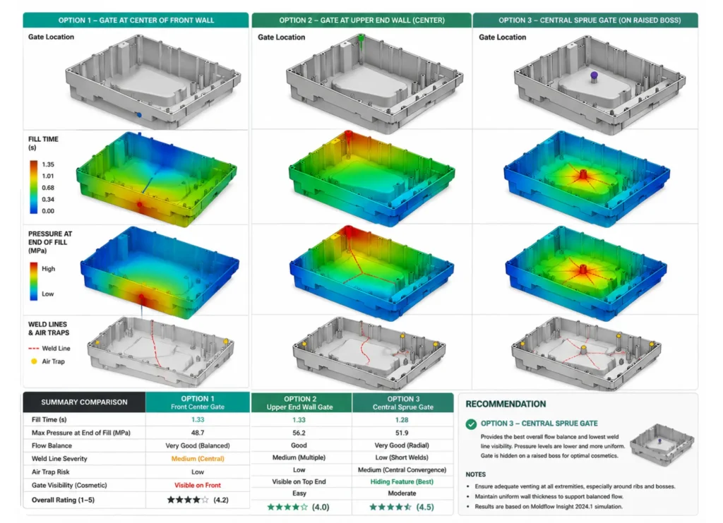 Moldflow analysis showing fill pattern, weld lines, air traps, and optimal gate placement on a part.