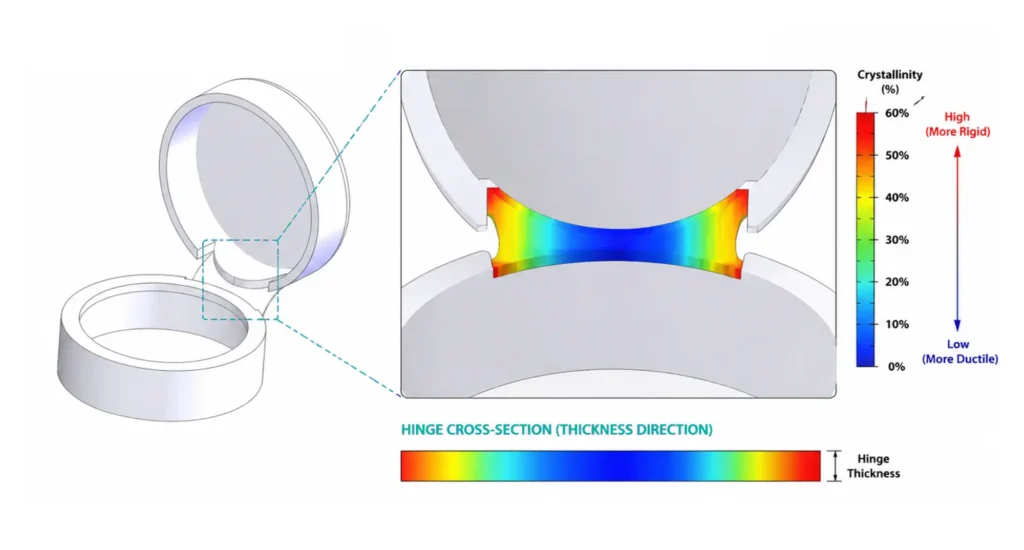 Living hinge cross-section crystallinity map showing rigid high-crystallinity skin at the edges and a ductile low-crystallinity core