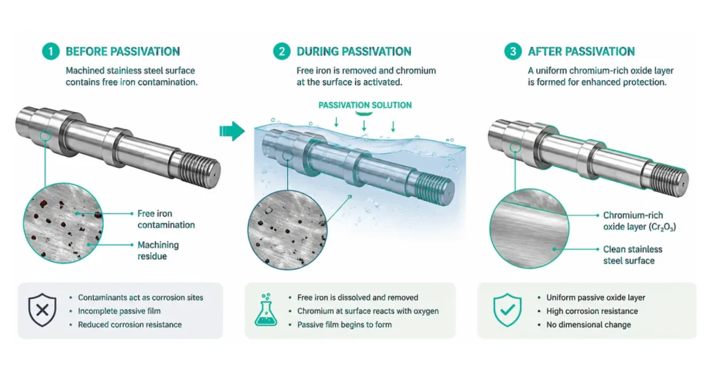 Stages of stainless steel passivation on a machined valve shaft: free iron contamination before, immersion in passivation solution during, and a uniform chromium-rich oxide film after with no dimensional change.