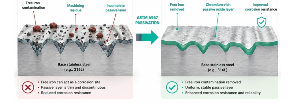Cross-section of a 316L stainless steel surface before and after ASTM A967 passivation, showing free iron and machining residue removed and a uniform chromium-rich passive oxide layer formed with near-zero dimensional change