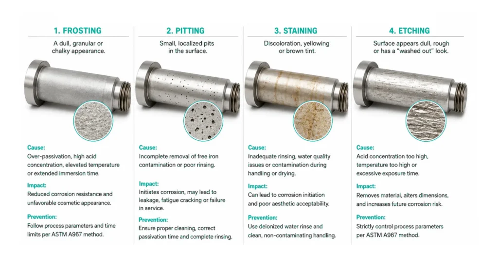 Four stainless steel passivation failure modes on a machined shaft, frosting, pitting, staining and etching, with the cause, service impact and prevention for each under ASTM A967