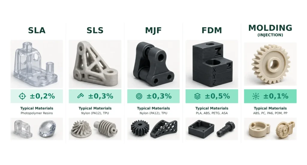 Chart mapping achievable tolerances and materials across prototyping and injection molding options.