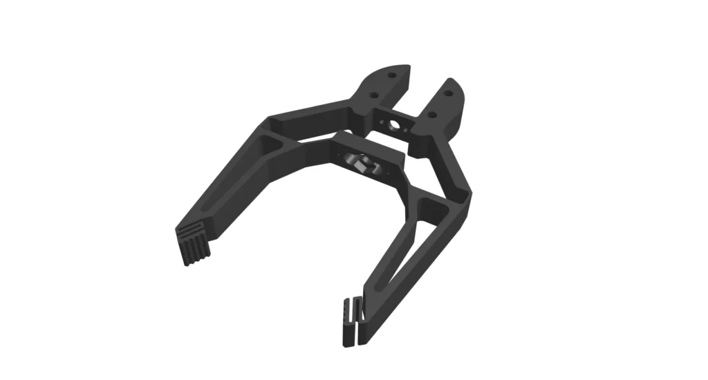 SLS PA12 3D printed robot gripper prototype with thick uncored sections, no draft angles, and serrated gripping jaws