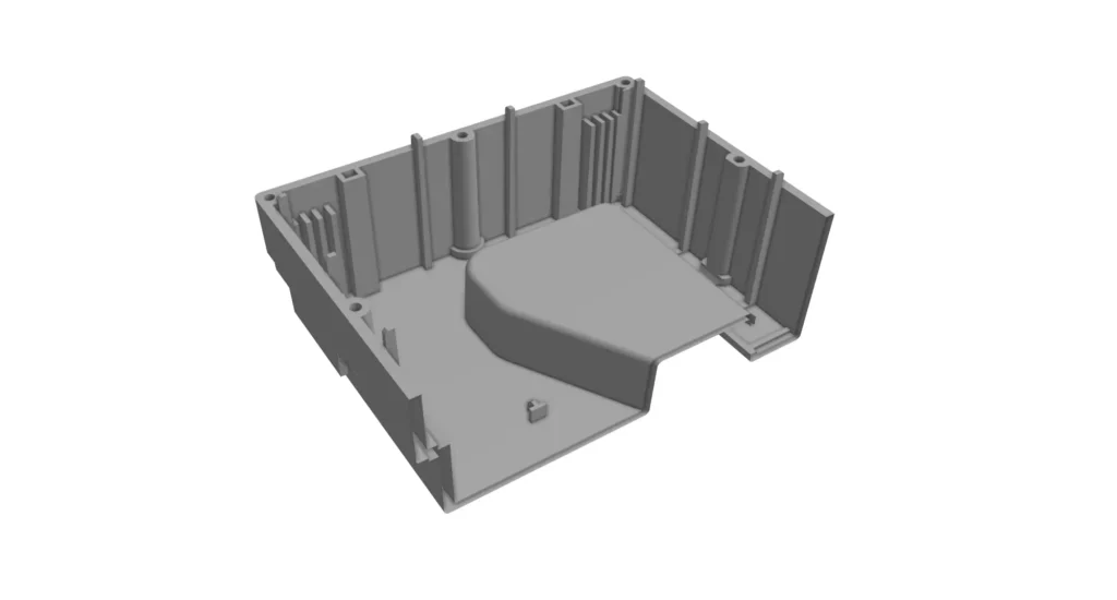 Sectioned enclosure view checking wall thickness uniformity ahead of injection molding tooling.