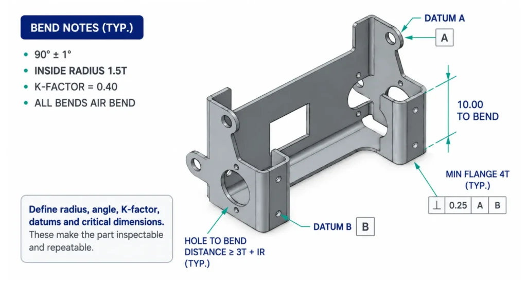 Sheet metal bend notes on a bracket drawing specifying 90 degree bend angle, 1.5T inside radius, 0.40 K-factor, datums A and B, hole-to-bend distance and minimum flange length