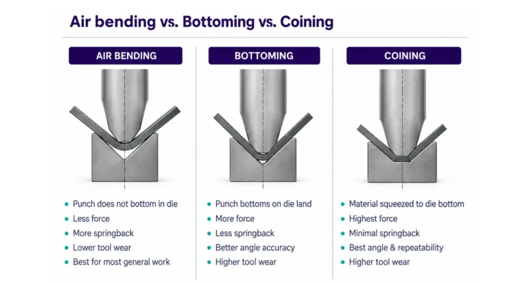 Air bending vs bottoming vs coining on a press brake, comparing punch and die contact, forming force, springback and tool wear