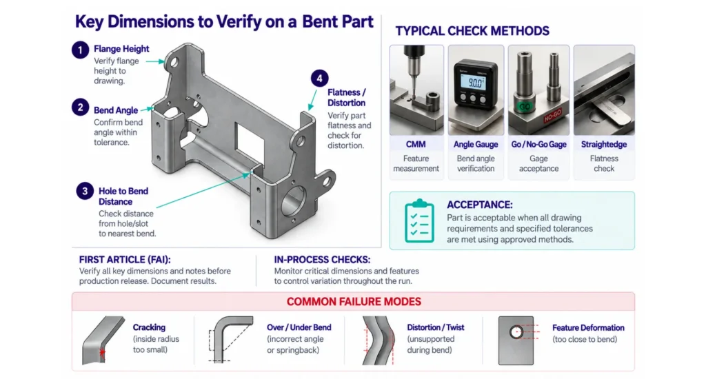 Bent sheet metal part inspection guide showing flange height, bend angle, hole-to-bend distance and flatness checks with CMM, angle gauge, go/no-go gage and straightedge plus common bending failure modes