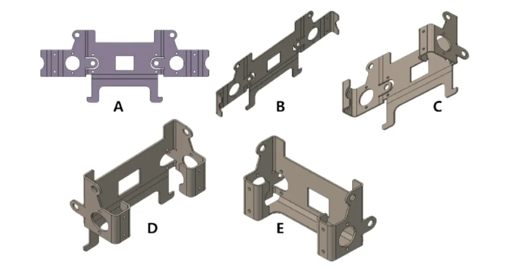 Sheet metal bracket in five press brake bending stages, from flat pattern blank to fully formed part
