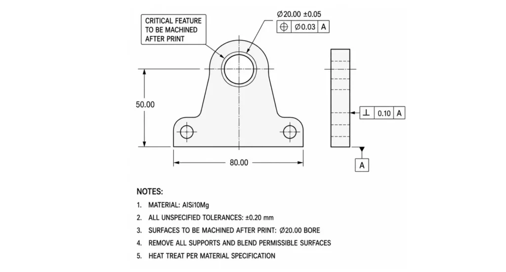 DMLS bearing block drawing with 3D printing tolerance callouts, GD&T position and perpendicularity to datum A
