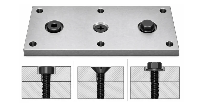 Comparison of counterbore, countersink and spot face hole features shown in machined cross-section