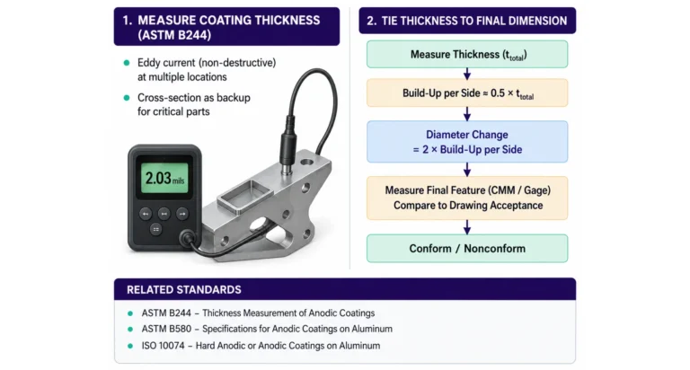 Eddy current gauge measuring anodize coating thickness per ASTM B244 with flowchart converting thickness to final dimension