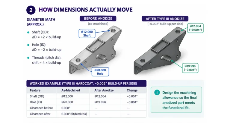 Before and after Type III hardcoat anodize dimensions on a machined aluminum bracket showing shaft growth and hole shrink