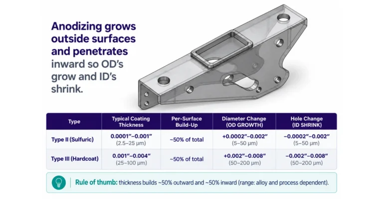 Table comparing Type II and Type III anodize coating thickness, per-side build-up, OD growth and ID shrink on aluminum