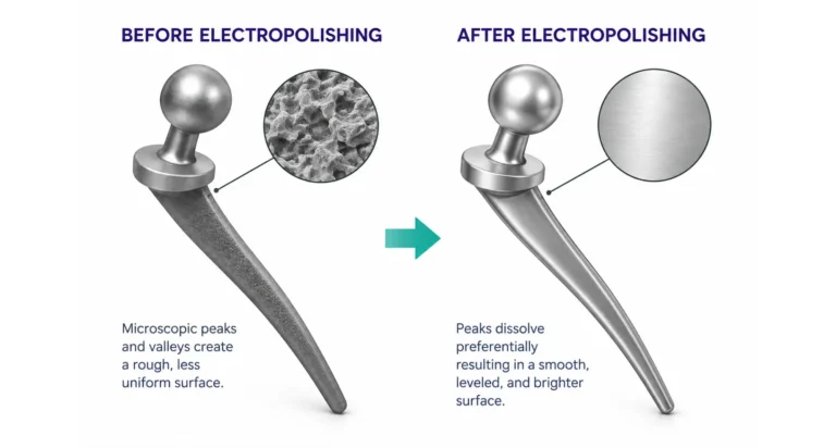 Electropolishing of precision stainless steel production parts to a bright, low-roughness finish