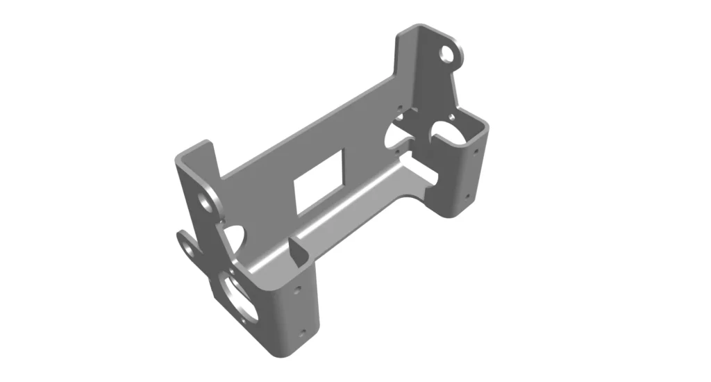 Press brake bent stainless steel sheet metal bracket with 90 degree flanges, mounting holes and formed tabs